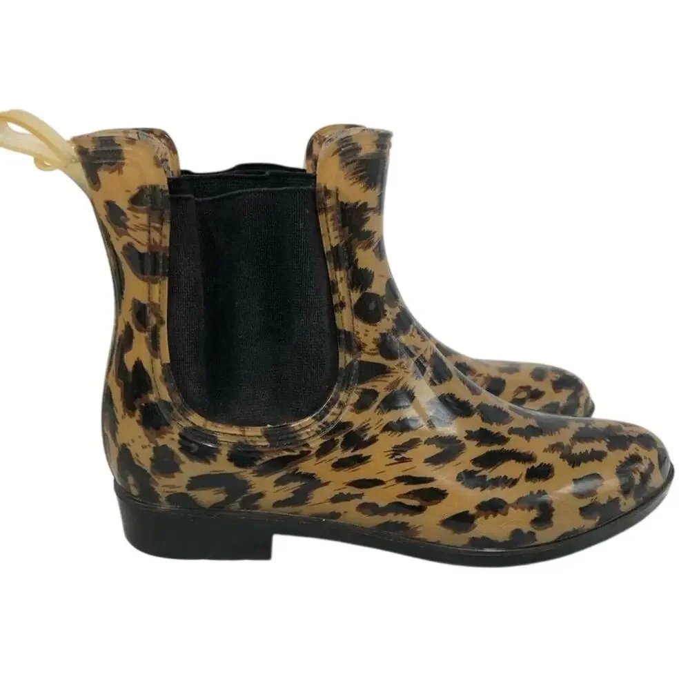 Magellan Outdoors Leopard Print Rain Boots, Chelsea Ankle Waterproof, Size 9